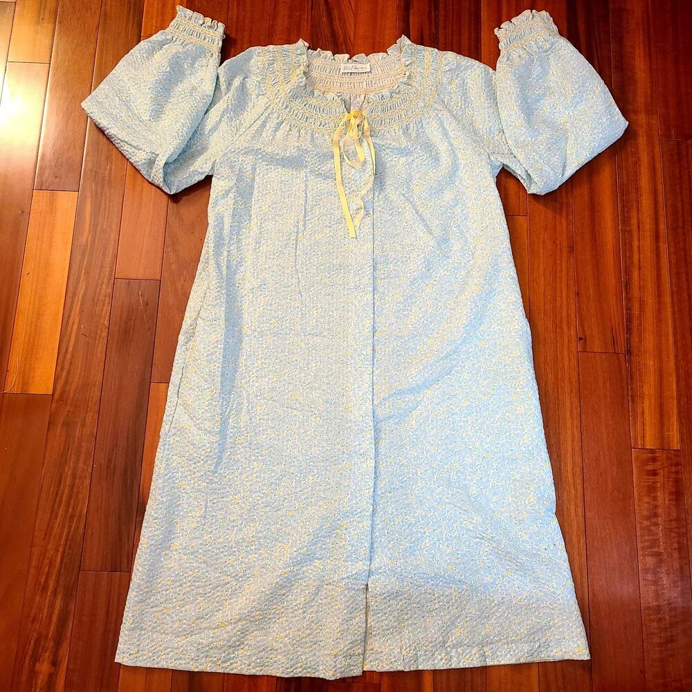 Vintage Miss Elaine Petite Robe Gown Blue Yellow Floral Pockets Cottage Union
